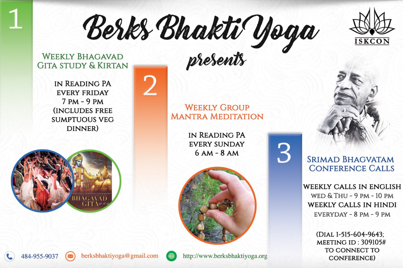 Come and Experience the Bliss and Nectar of Bhakti Yoga - Kirtan, Bhagvat Gita Study, Mantra Meditation, Prayers in Reading - Friday's @7:00pm @ Please Register (free) for Details